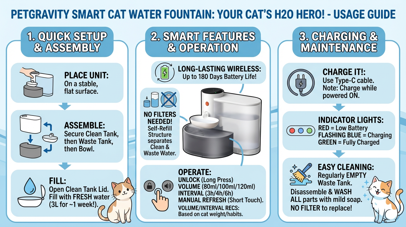 Petgravity Smart Cat Water Fountain Usage Guide: Setup, Features, & Maintenance An infographic titled 'Petgravity Smart Cat Water Fountain: Your Cat's H2O Hero! - Usage Guide' detailing quick setup, smart features, operation, charging, and maintenance.