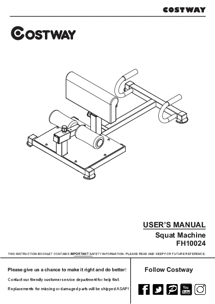 Instrukcja obsługi maszyny do przysiadów Costway FH10024 – instrukcja montażu i bezpieczeństwa