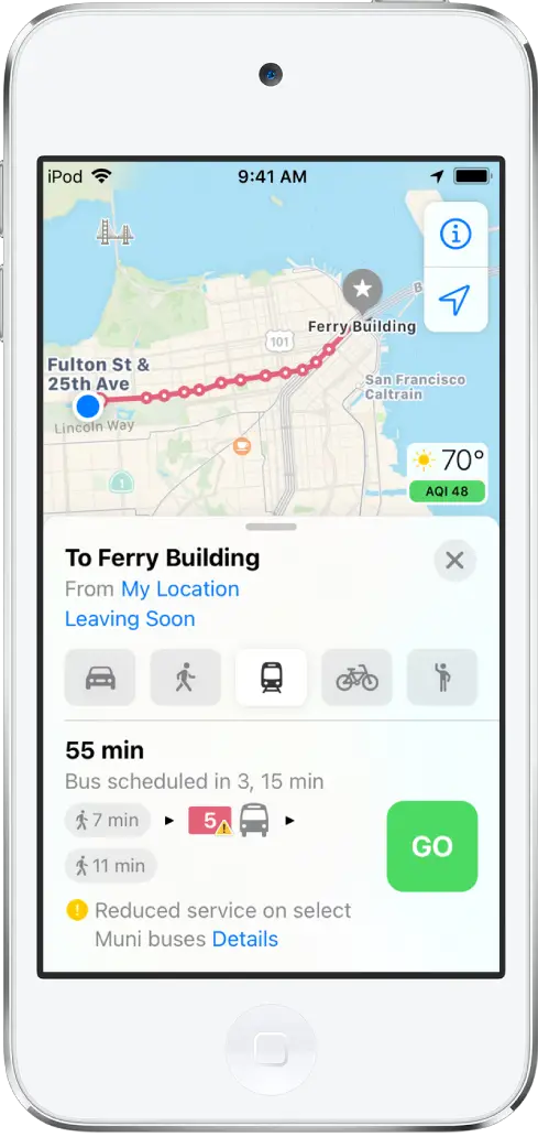A map showing a transit route across San Francisco. The route card at the bottom of the screen includes a Go button.