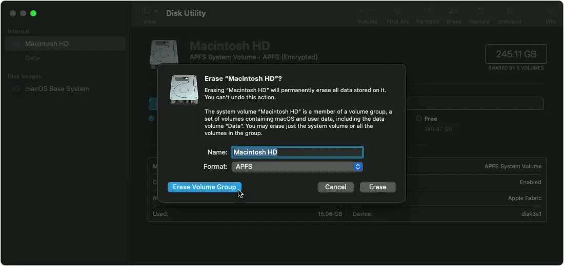 Disk Utility window with "Erase Volume Group" selected