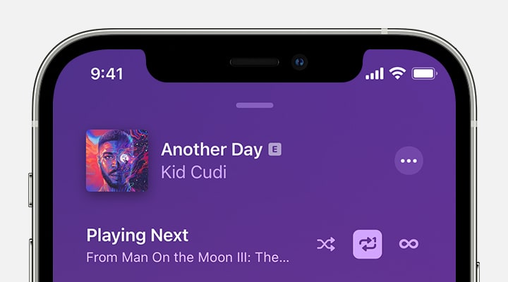 iPhone showing Repeat One is turned on at the top of the Playing Next screen.