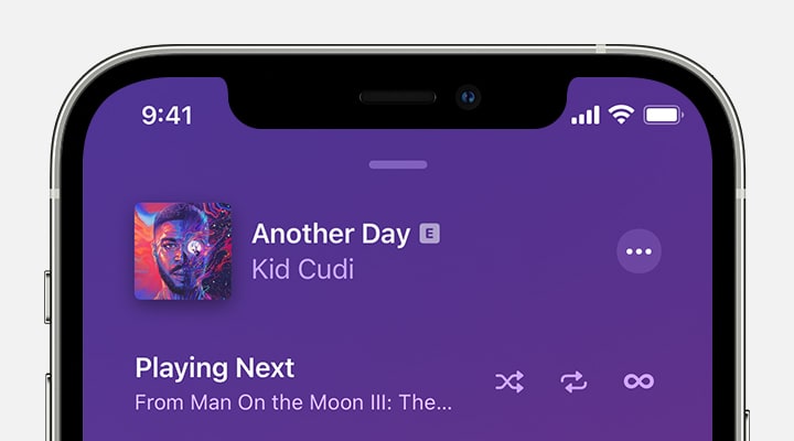 iPhone showing repeat is turned off at the top of the Playing Next screen.