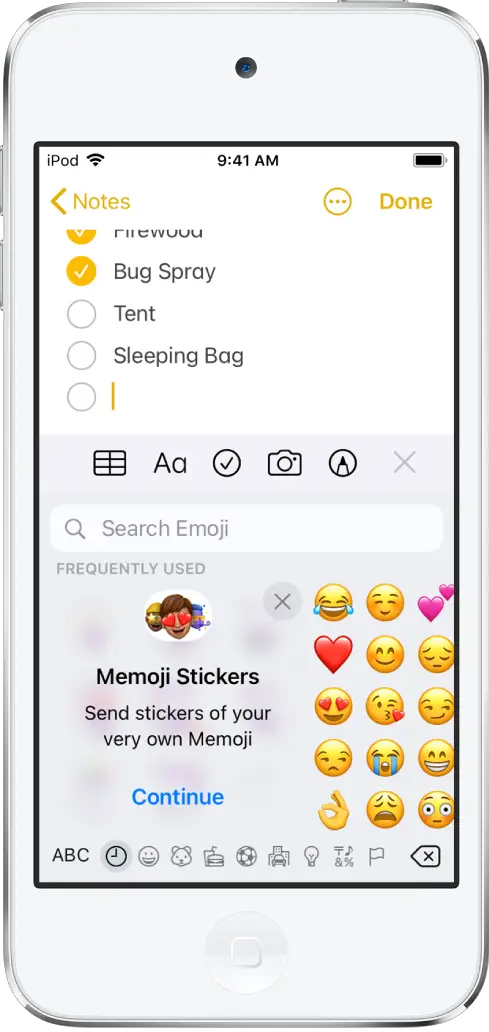 A note in the Notes app being edited, with the emoji keyboard open and the Search Emoji field at the top of the keyboard.