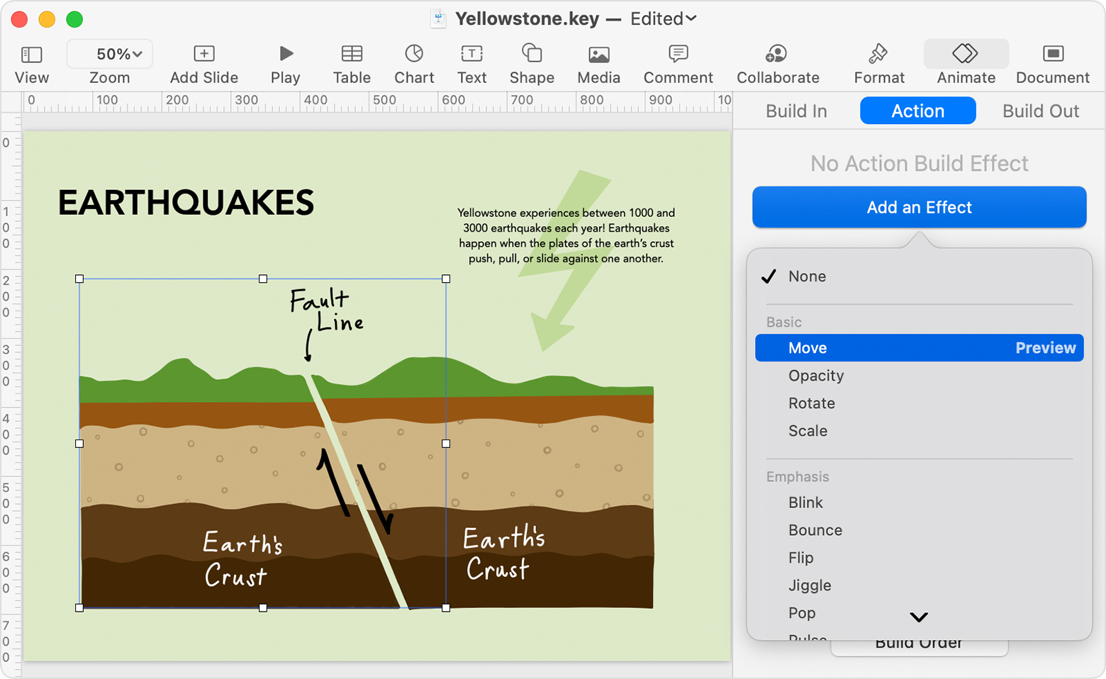 Keynote document window with the Animate inspector open to the Action tab and "Add an Effect" menu open