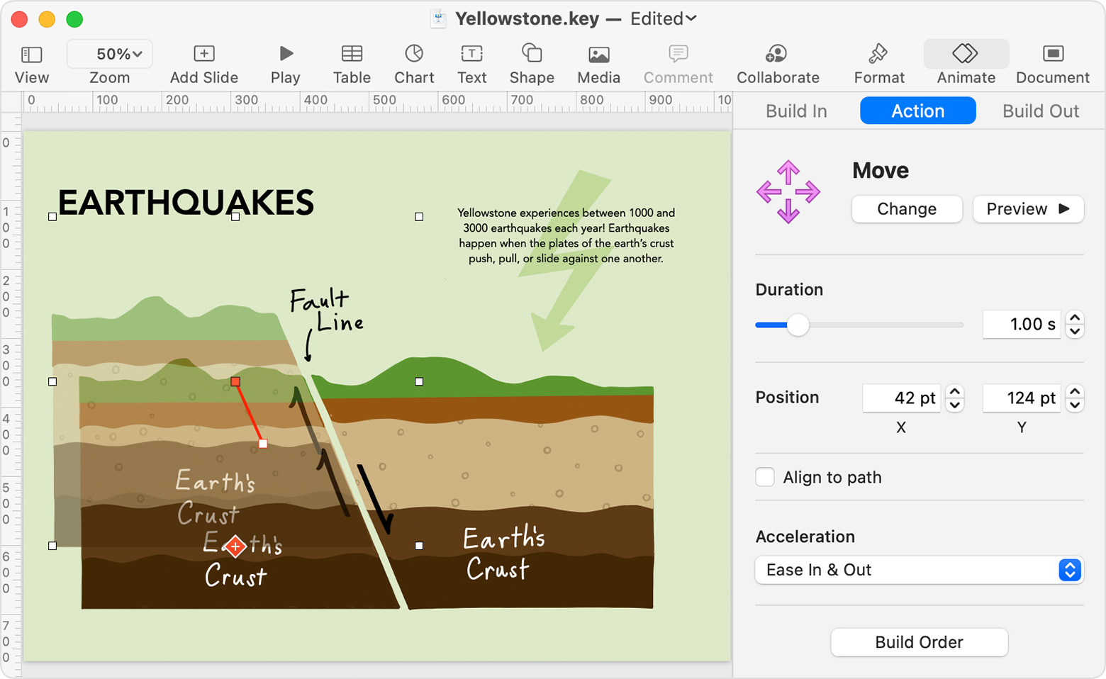 Keynote document window with the Animate inspector open to the Action tab Move options