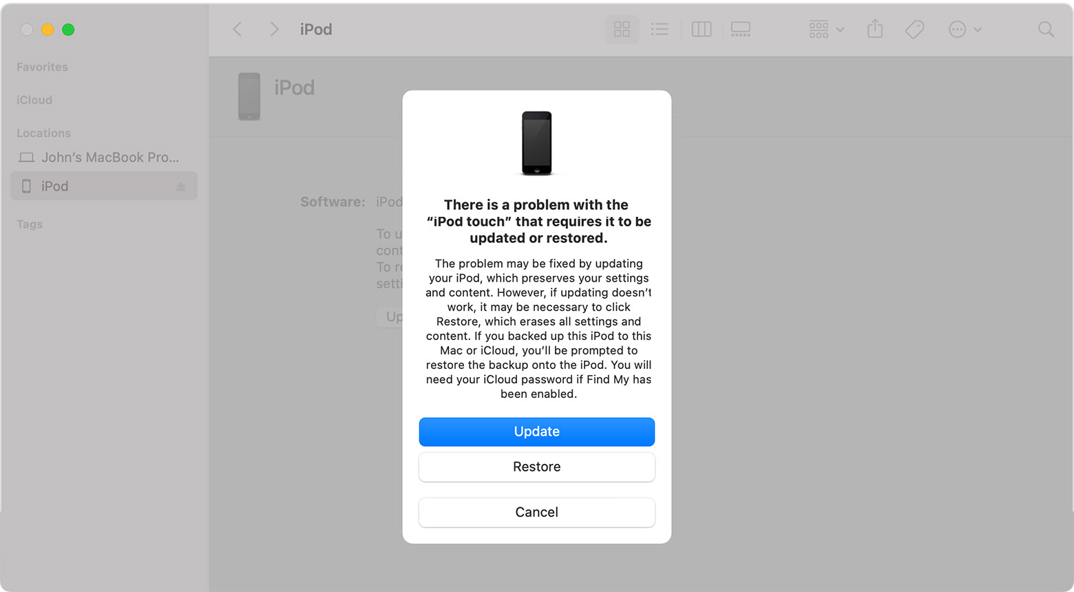A Finder window showing a prompt with the choice to update or restore your iPod touch. Update is selected.
