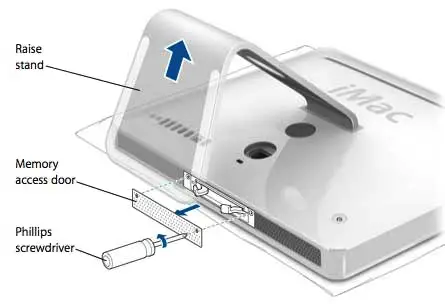 Removing the RAM access door on the bottom of the iMac