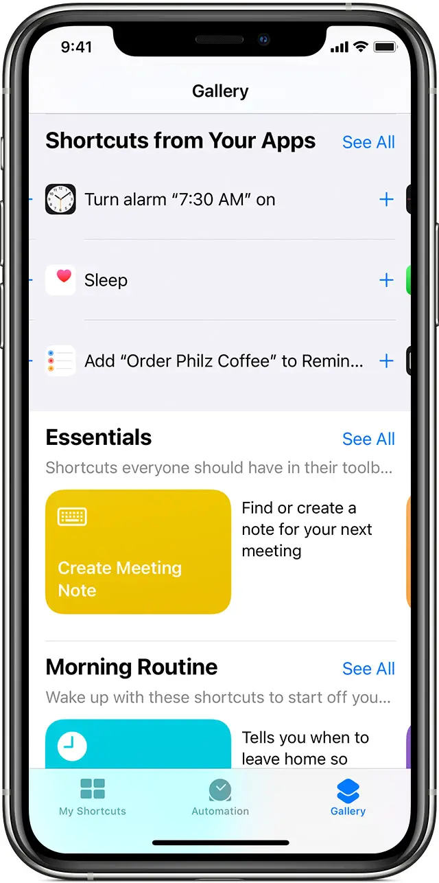The Gallery tab on iOS shows a list of Shortcuts from Your Apps.