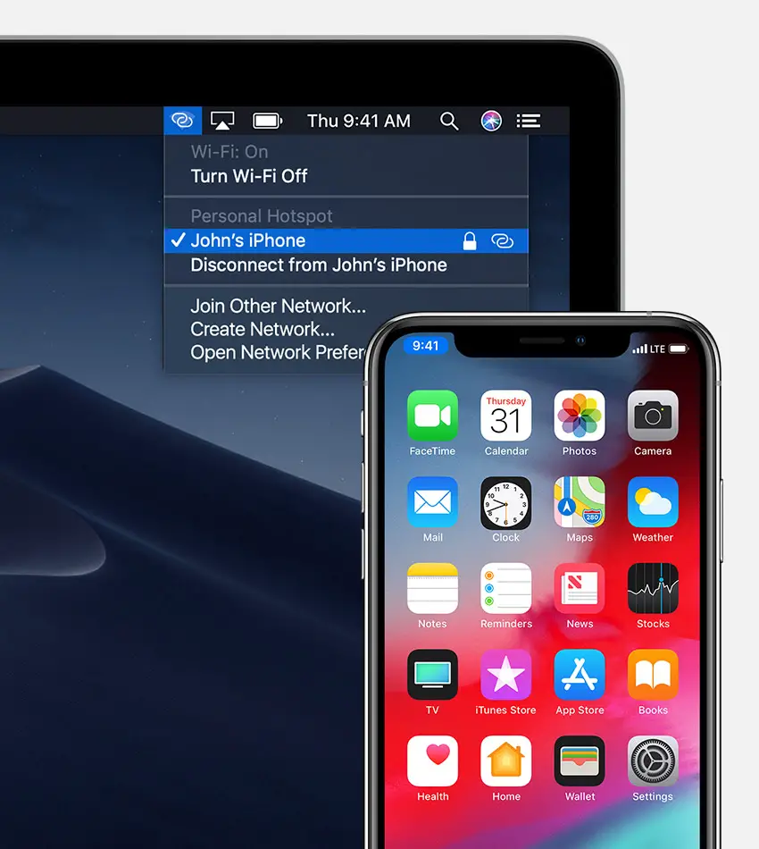 Mac computer showing the Wi-Fi status menu connected to an iPhone Personal Hotspot, and an iPhone showing a blue status bar indicating an active Personal Hotspot connection