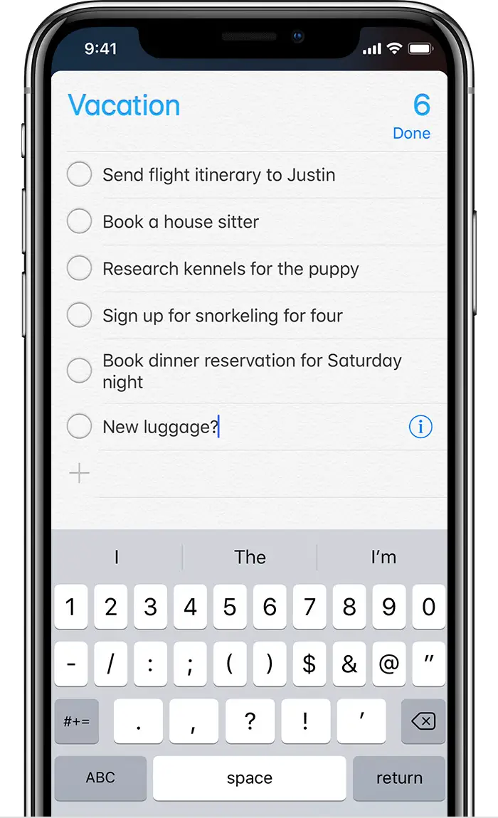 Vacation checklist, including Send flight itinerary to Justin, book a house sitter, and research kennels for puppy.