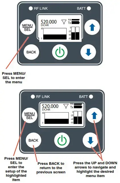 LECTROSONICS DCHR Digital Camera Hop Receiver - Navigating the Menus
