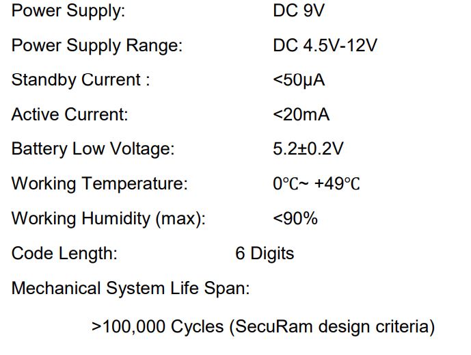 SecuRAM SafeLogic Basic EC-0601A Series EntryPad - Specifications