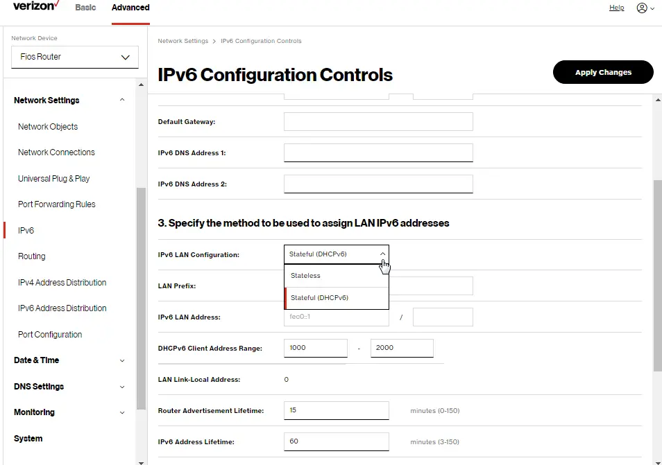 IPv6 LAN Configuration: Static WAN with Stateful 
