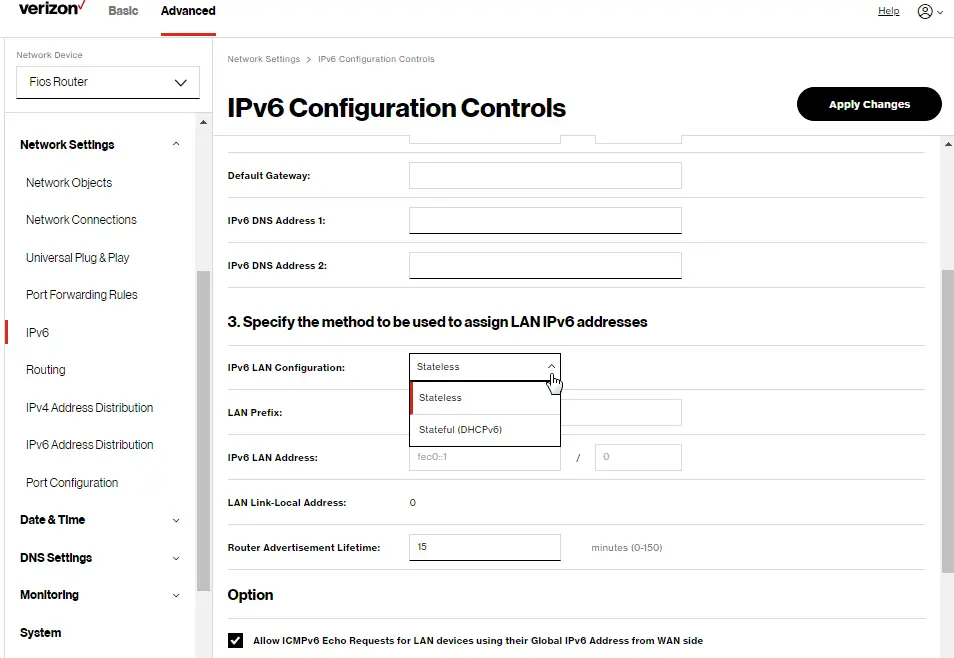 IPv6 WAN Configuration: DHCPv6 with Stateless 