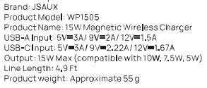 JSAUX WP1505 Charging Station User Guide - Product parameters