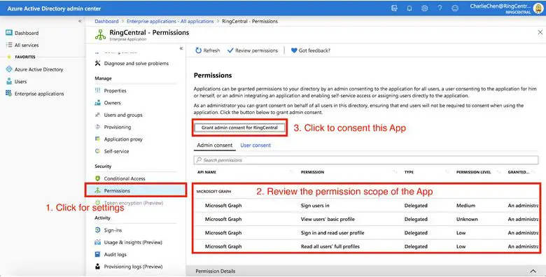 RingCentral App - Using the Azure AS portal  3