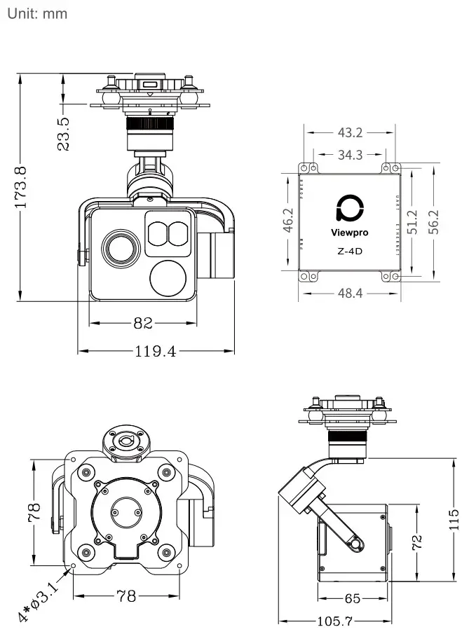 Viewpro Mini Z10TIRM Gimbal Camera - Device Dimensions (Viewport Version)