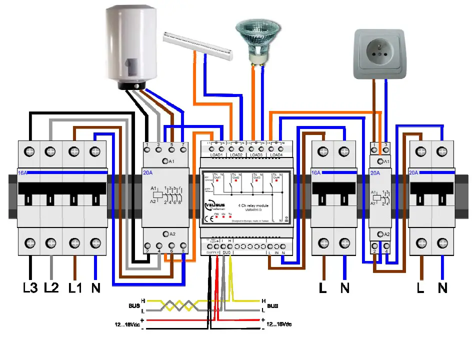 velbus VMB4RYLD Programmable 4 Channel Voltage Out Relay Module - Connection Diagram 1