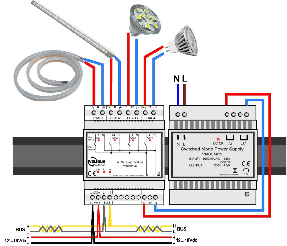 velbus VMB4RYLD Programmable 4 Channel Voltage Out Relay Module - Connection Diagram 2