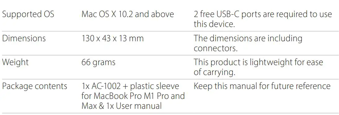 SITECOM AC-1002 6 in 2 MacBook Multiport Hub User Manual - Other specifications