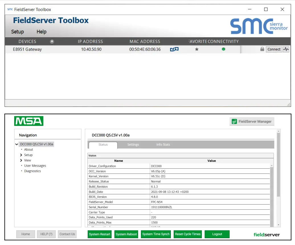 MSA ProtoAir FieldServer Toolbox and Graphic User Interface - Connect to the Software