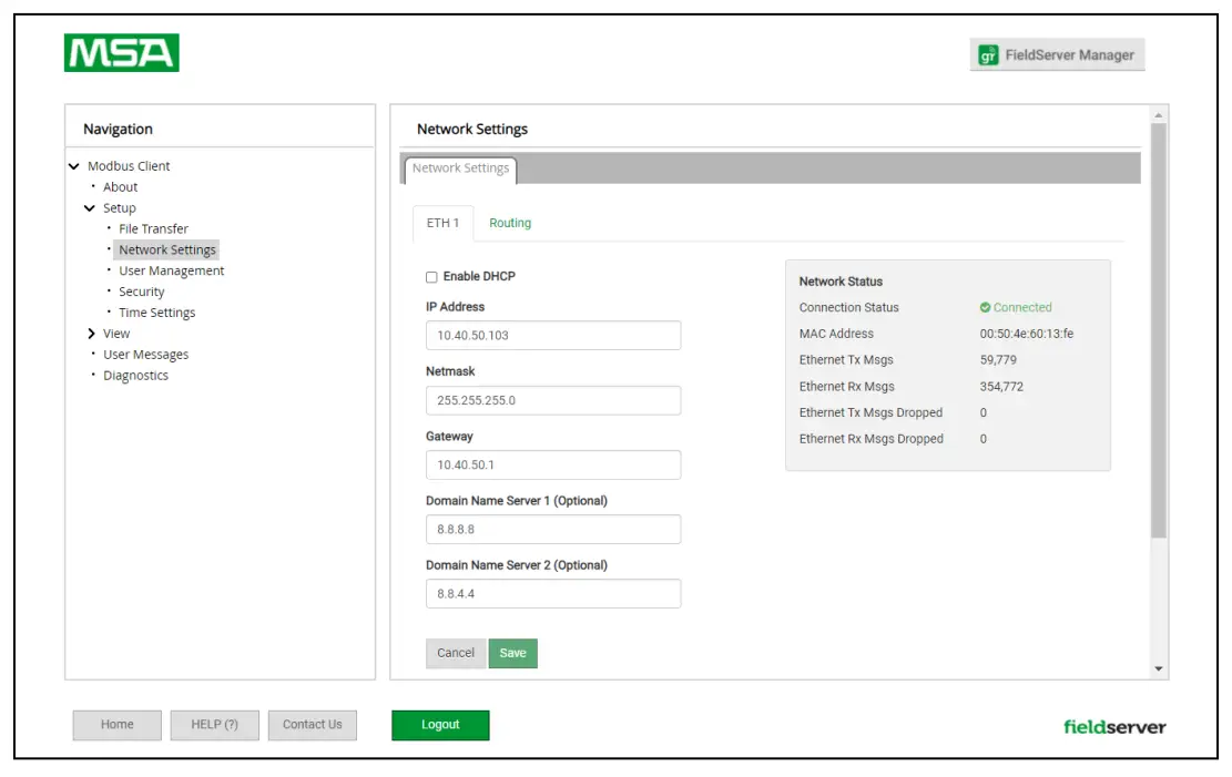 MSA ProtoAir FieldServer Toolbox and Graphic User Interface - Network Settings