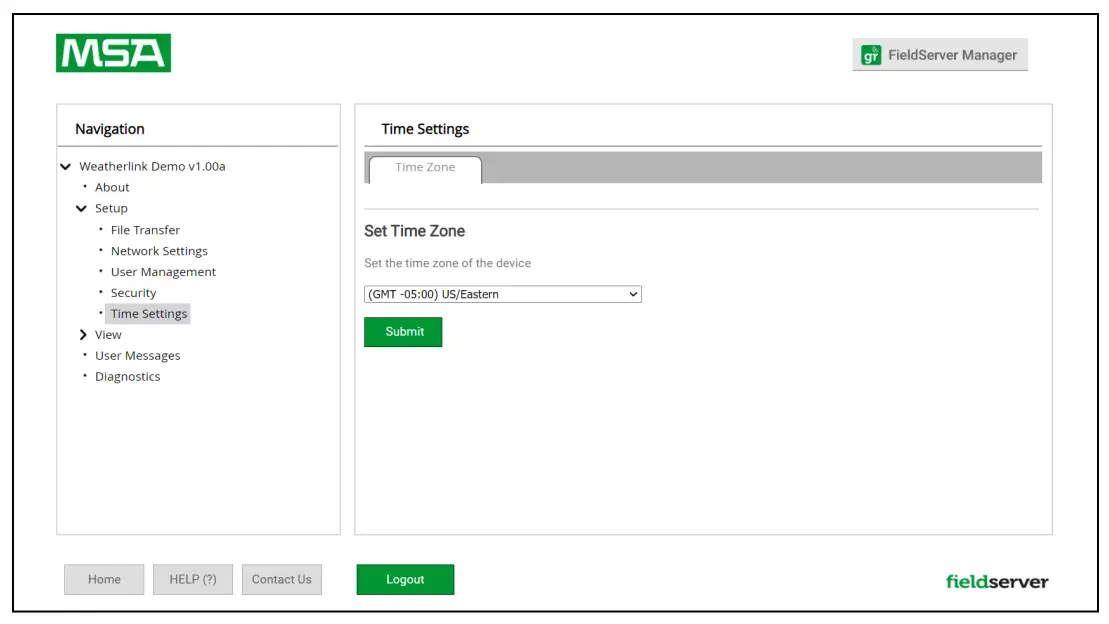 MSA ProtoAir FieldServer Toolbox and Graphic User Interface - Setting Time Zone