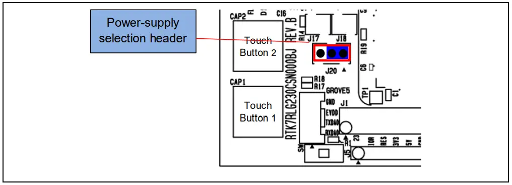 Setting of the Header to Select a 5-V Power Supply (Top Side)