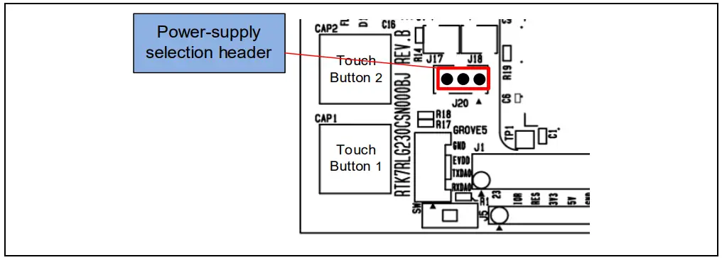 Setting of the Header to Select Supply from the Emulator or External Power (Top Side)