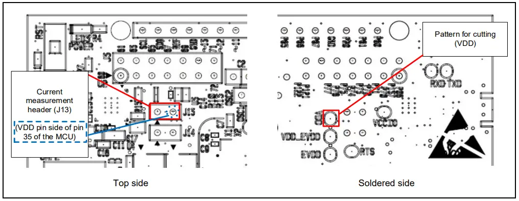Positions of the Current Measurement Header (J13) and Pattern for Cutting (VDD)