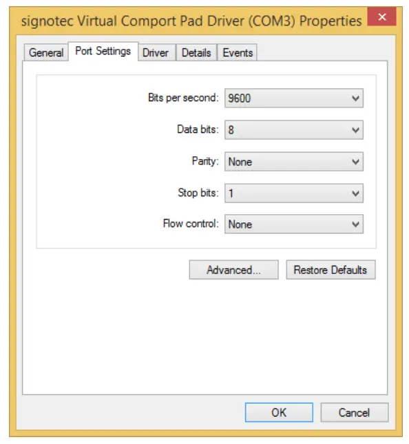 signotec Virtual Comport Driver - click Advanced