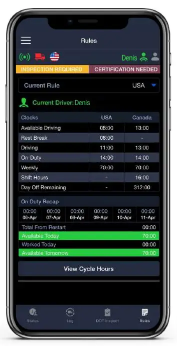 TRACKENSURE iOS ELD Application - Rules