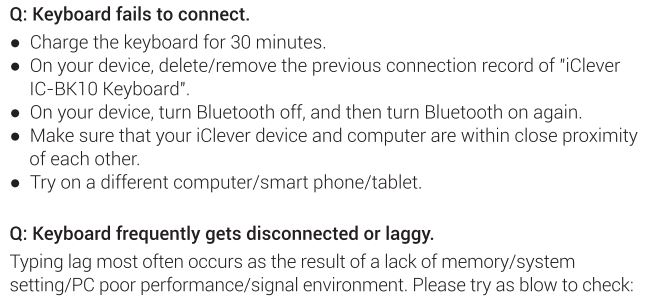 iclever IC-BK10 Multi Device Connection Wireless Keyboard User Manual - FAQ