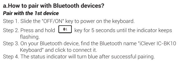 iclever IC-BK10 Multi Device Connection Wireless Keyboard User Manual - Pairing Instructions