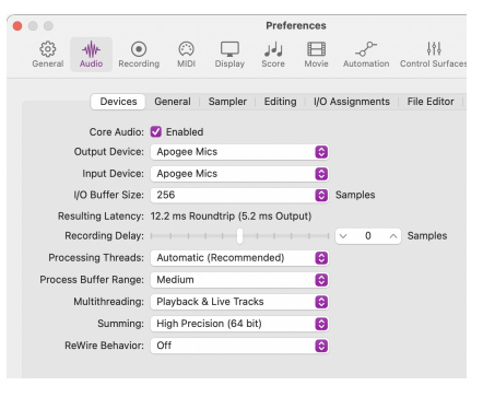 APOGEE First Take Multi Channel Podcast Recording Application - Main Window - Apple Logic