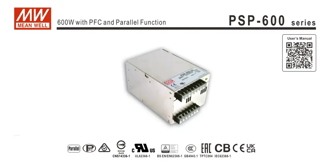 MEAN WELL PSP-600 series 600W with PFC and Parallel Function Owner's Manual