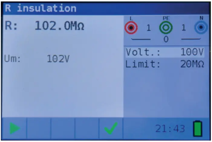 KPS Multicheck6010 Multifunction Tester - Example of insulation resistance