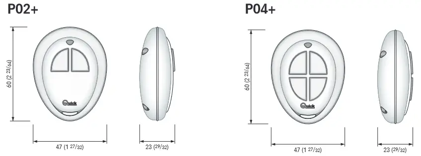 Quick P02+, P04+ RRC Radio Remote Control Pocket Transmitter - Dimensions mm