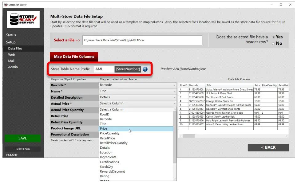 AML RevH StoreScan Server Software - Prefix’ must