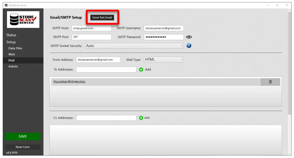 AML RevH StoreScan Server Software - current SMTP settings