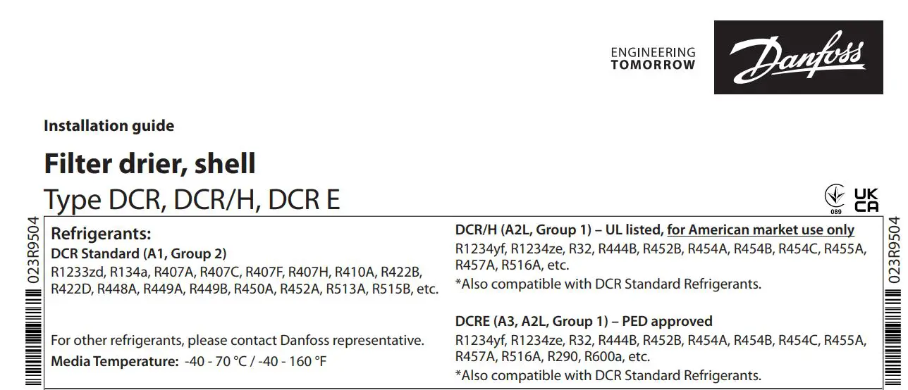 Danfoss DCR Filter Drier Shell Installation Guide