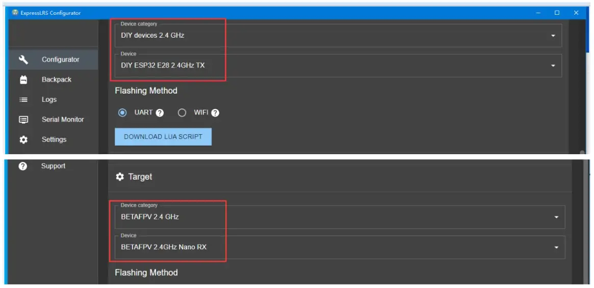 ExpressLRS Updating Firmware For The ELRS Receiver or TX Module - device option