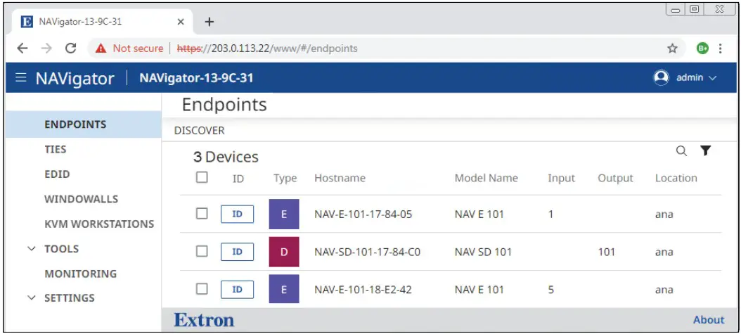 Extron NAVigator System Manager - Assigned Endpoints