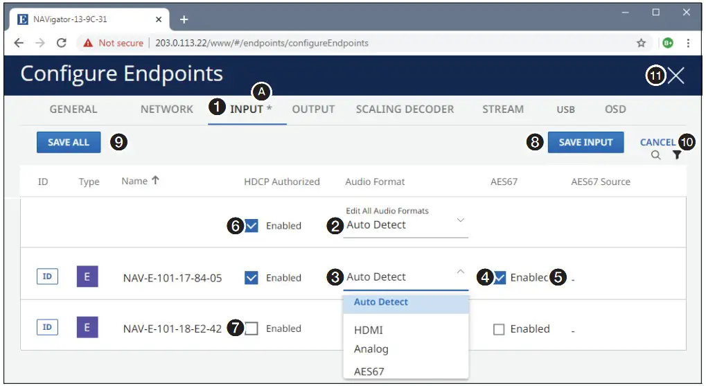 Extron NAVigator System Manager - Endpoints Page, Configure Tools — INPUT Tab