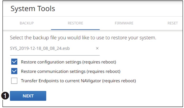 Extron NAVigator System Manager - System Tools — Restore Function