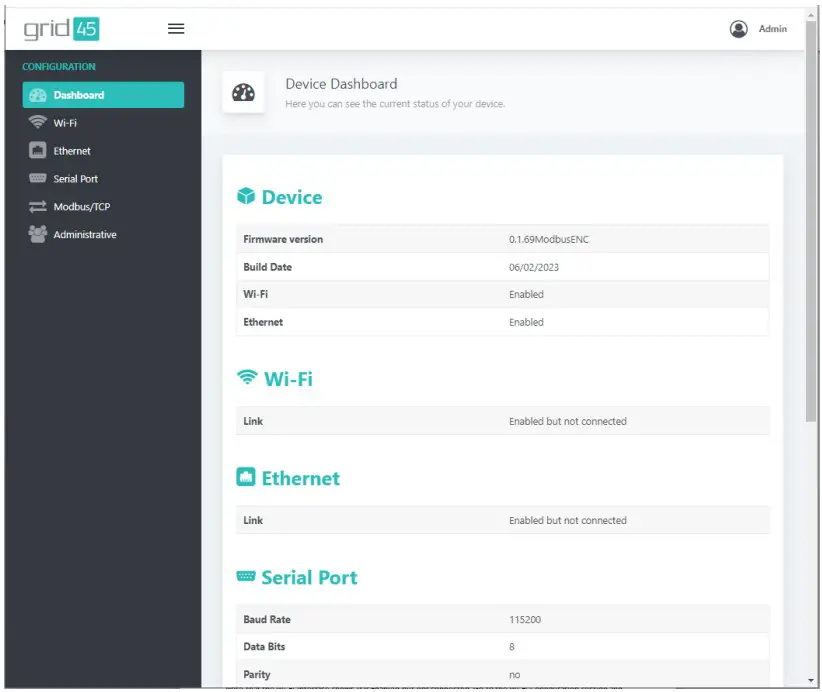 Grid Connect GRID485-MB Modbus TCP to Modbus RTU - Device Dashboard