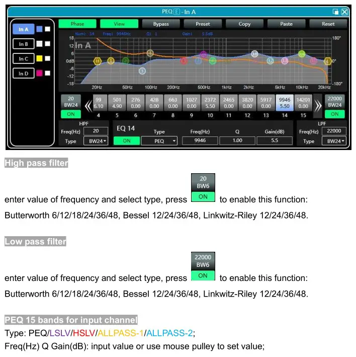 DATEQ DDA-43DT Network Dsp Power Amplifier - DSP functions setting - PEQ-X 1