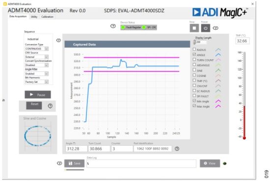 ANALOG DEVICES ADMT4000 True Power On Multi Turn Position Sensor - Captured Data Display Showing the Acquired Angle