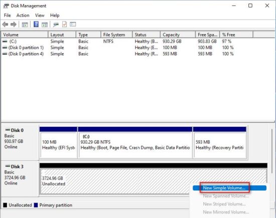FIG 40 Right click at the “Unallocated” section of the disk and create a new simple volume..jpg