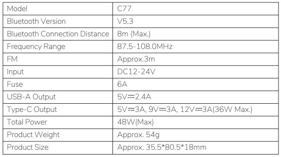 James C77 Bluetooth FM Transmitter User Manual - Specifications